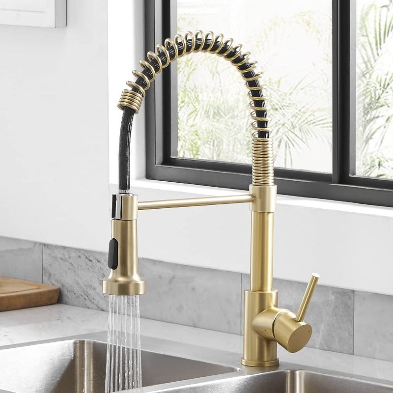 OWOFAN Kitchen Faucets with Pull Down Sprayer 304 Stainless Steel Industrial Single Handle One Hole Faucet for Farmhouse Camper Laundry Utility Rv Wet Bar Sinks Gold 9009K - Image 1
